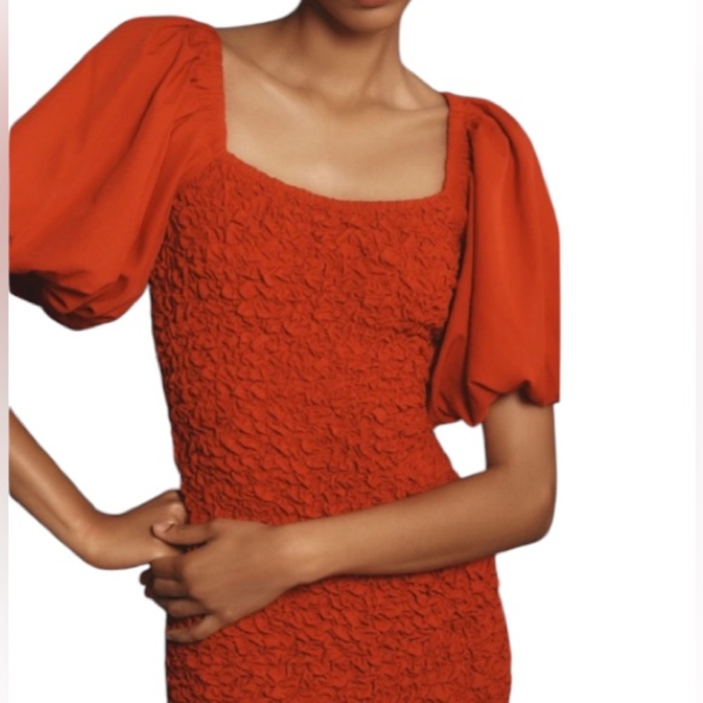 Anthropologie Dolan Red Puff Sleeve Pebble Smocked Ruched Midi Dress Size XS - Picture 2 of 12